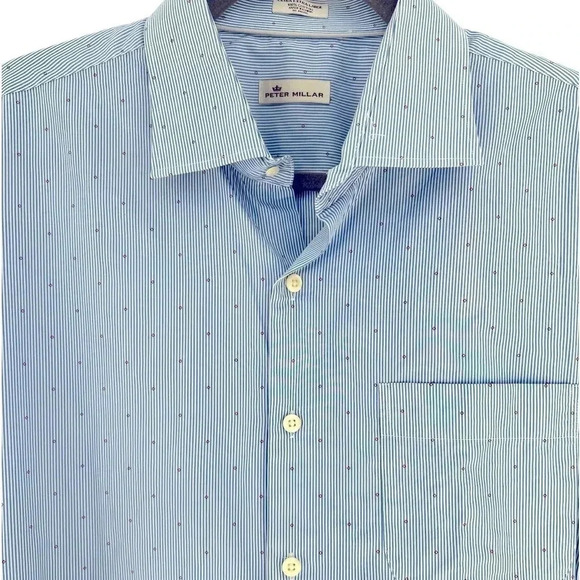 PETER MILLAR Men’s  Button Down Shirt Long Sleeve Striped Blue & White with Red - Picture 7 of 7